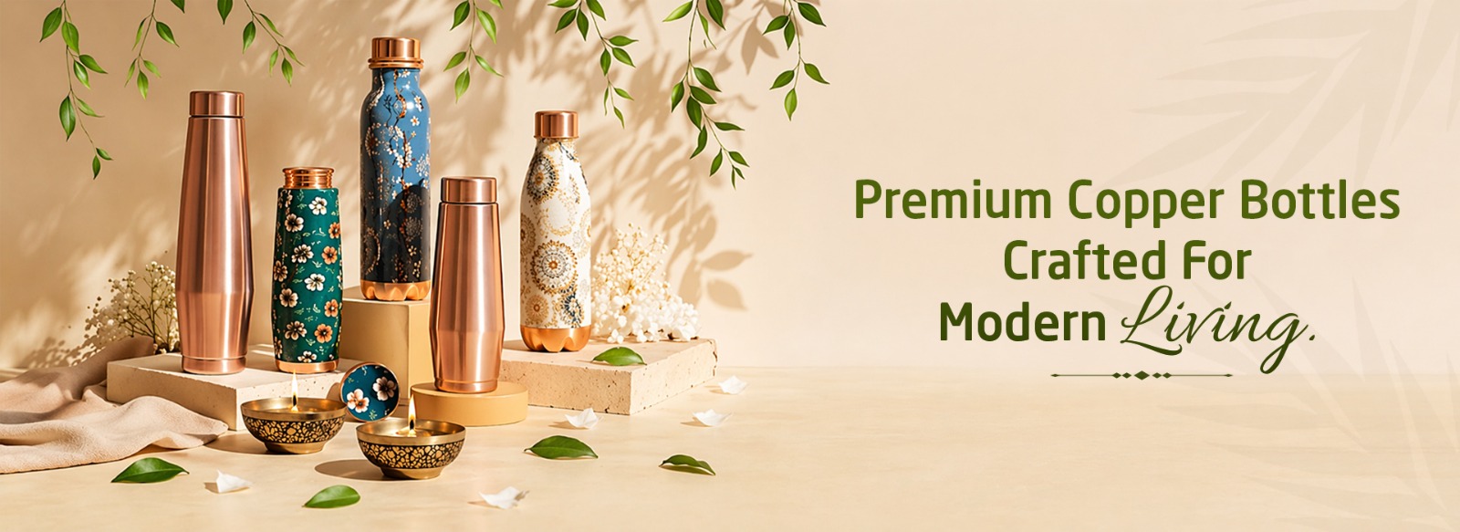 Premium designer copper water bottles with floral patterns for modern living and healthy lifestyle